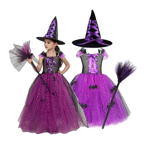 Hopki.pl Mystisches Kinder Hexenkostüm für Mädchen – Perfekt für Halloween, Karneval & Fasching! Tüllkleid mit Hexenbesen – Zauberhaftes Outfit für kleine Zauberinnen. (104/110 CM) von Hopki.pl
