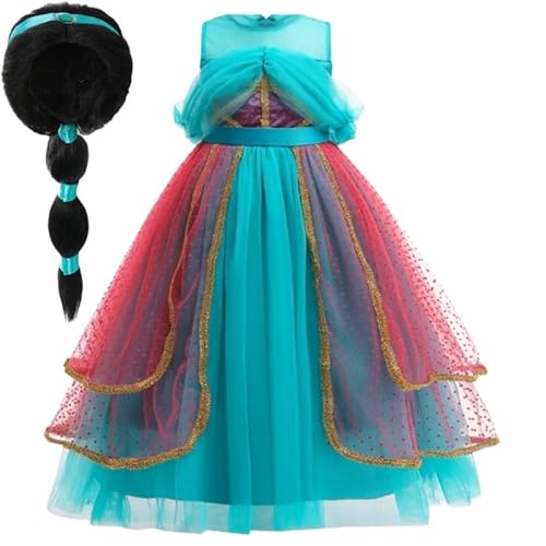 Hopki.pl Prinzessin Jasmin Kostüm Kinder Mädchen - Faschingskostüme mit Perücke - Karneval Kostüm Mädchen - Märchenhaftes Kinder Faschingskostüm (116/122 cm) von Hopki.pl