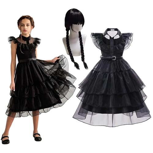 Hopki.pl Wednesday Kostüm für Mädchen: Perfekt für Karneval, Halloween oder Themenpartys - Ideal für Kinder und Fans der Addams Family (Mit Perücke, 134/140 cm) von Hopki.pl