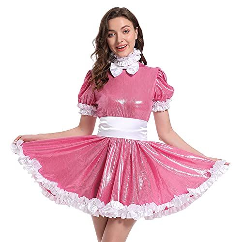 Hoplizy Damen Sissy French Maid Puffärmel Pretty Bow Metallic Satin Kleid Kostüm (XL) Rosa von Hoplizy