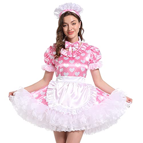 Hoplizy Sissy Maid Sweet Heat bedruckte geschwollene Schürze mit französischem Kopfschmuck-Set, Kreuzkleid, Pink, XL von Hoplizy