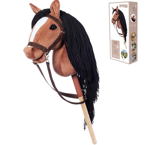 HOPPIHORSE Steckenpferd mit Trense - A3 - Hobby Horse mit Zügeln, Schultergurt, Schweif - hochwertiges Plüsch mit Langer Mähne - Silikongriff für besseren Halt - mit Geschenkverpackung von Hoppimals