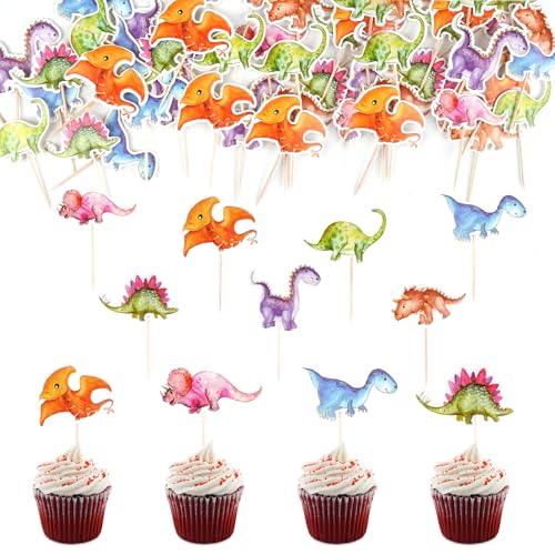 42 Stück Dinosaurier Cupcake Toppers, Dino Geburtstag Deko, Tortendeko für Kinder, Thema Kuchendeko Topper für Muffin Deko Waldtiere von Hopton