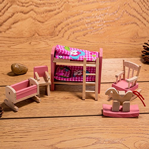 HorBous Puppenhausmöbel Set Holz Puppenhaus Kinderzimmer Badezimmer Schlafzimmer Wohnzimmer Küche Miniatur Möbel Zubehör Puppenhausmöbel Holz (Kinderzimmer) von HorBous