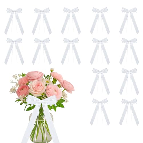 Autoschleifen Hochzeit - 10 Stück weiße Hochzeitsschleifen fürs Auto (11x19 cm) mit Herzen - Perfekter Autoschmuck Hochzeit & Auto-Deko Hochzeit - Hochzeitsschleifen fürs Auto + elegante Hochzeitsdeko von Horktrust