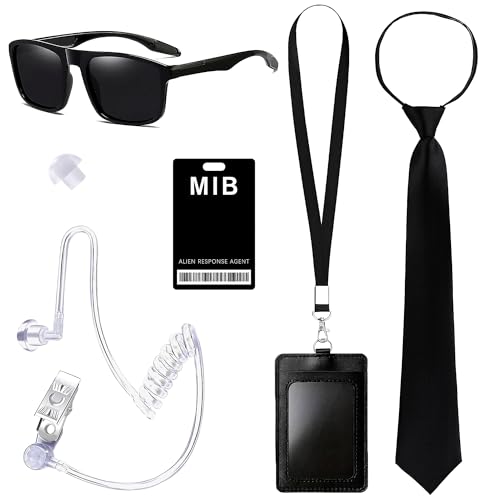 Horolam 6PCS Agent Kostüm Zubehör, Geheimdienst Kostüm Set Spion Kostüm Zubehör mit schwarzer Sonnenbrille Zip Krawatte Hörer ID Karte und Kartenhalter für Männer Frauen Kinder (schwarz) von Horolam