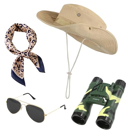Safari-Kostüm für Frauen Sonnenhut mit breiter Krempe Leoparden-Halstuch Fernglas Safari-Outfit von Horolam