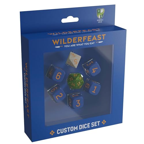 Modiphius Entertainment: Wilderfeast, individuelles Würfel-Set, 7-teilig, einzigartige Stanzformen, (5 x D6, 1 x D8, 1 x D20), blau-grün-creme, RPG-Zubehör, Rollenspiel von Horrible Games