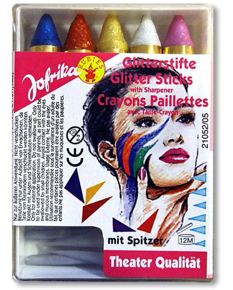 Glitzer Schminkstifte 5 Farben mit Spitzer   Kinderschminke von Horror-Shop.com