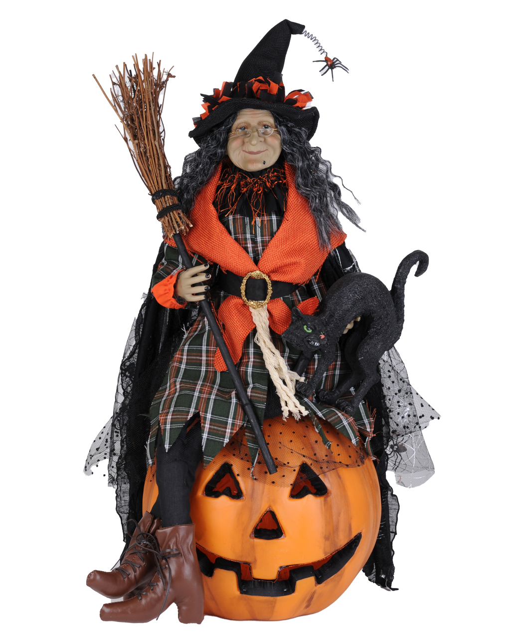 Halloween Hexe mit Katze & beleuchtetem Kürbis 68cm ✰ von Horror-Shop.com