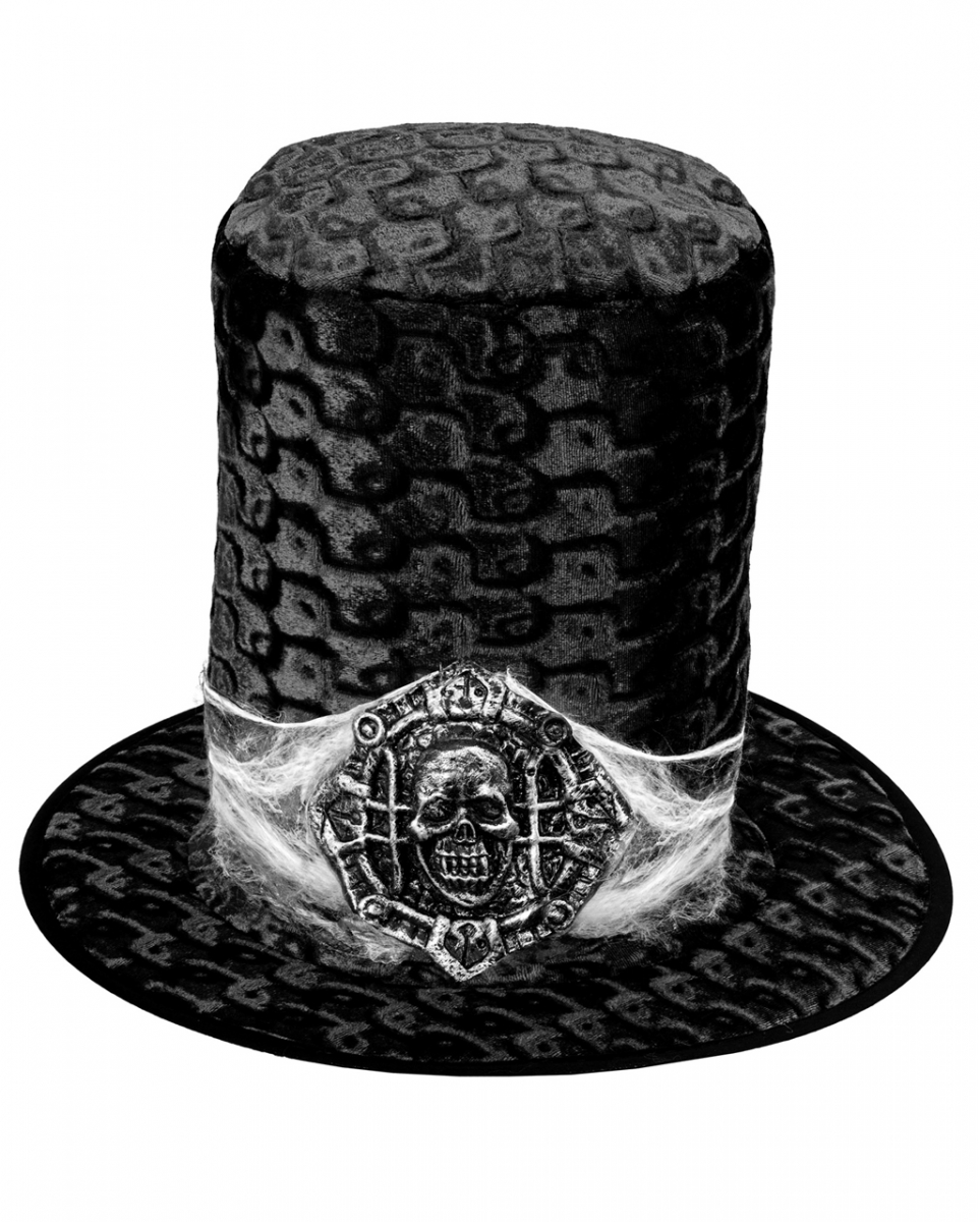 Schwarzer Gothic Zylinder aus Samt mit Totenkopf  Kostümzubehör von Horror-Shop.com