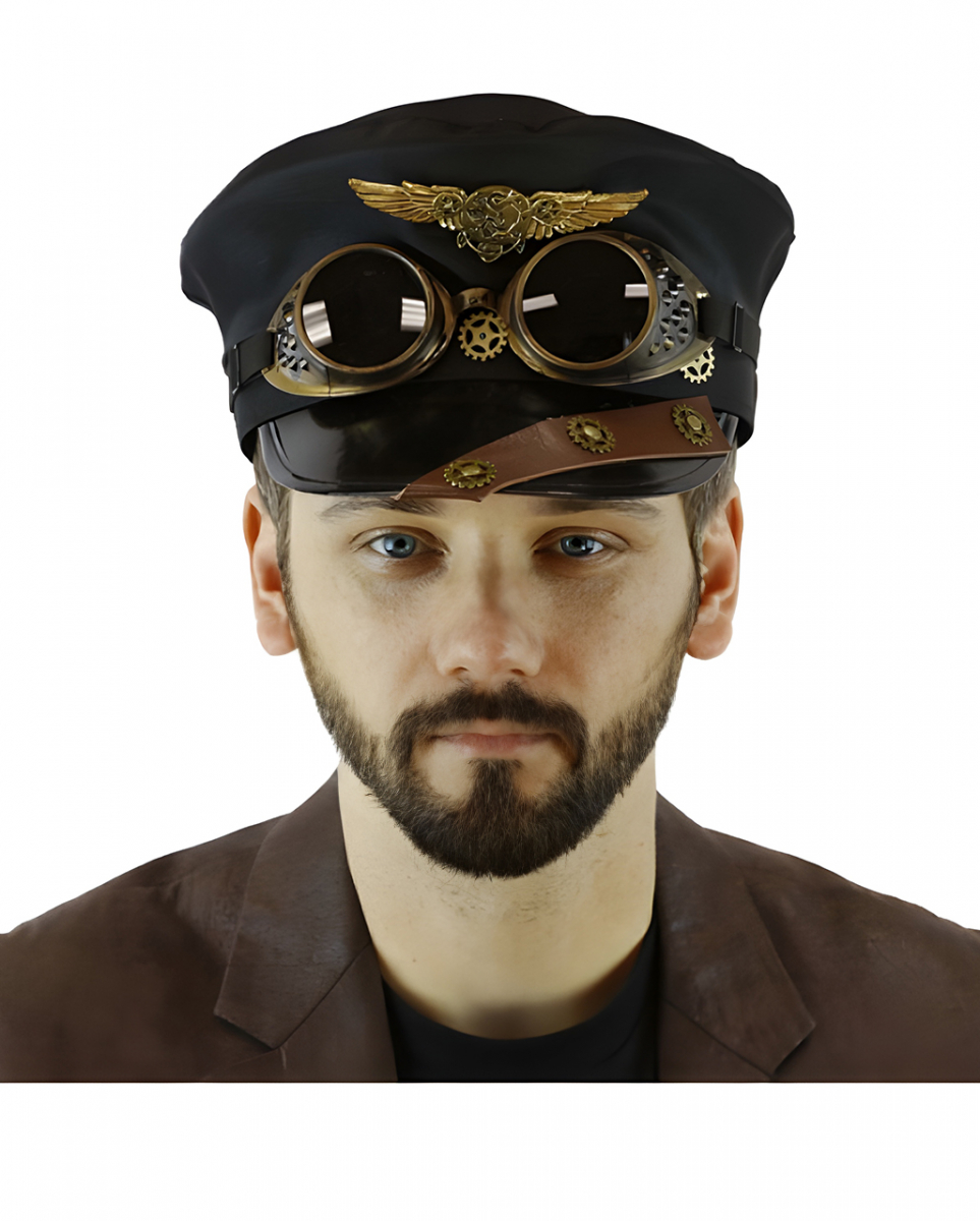 Steampunk Piloten Hut mit Fliegerbrille ★ Kostümaccessoire von Horror-Shop.com