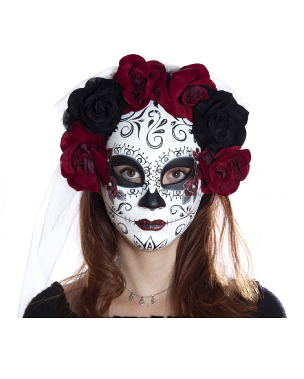 Sugar Skull Maske mit Blüten & Schleier ★ von Horror-Shop.com
