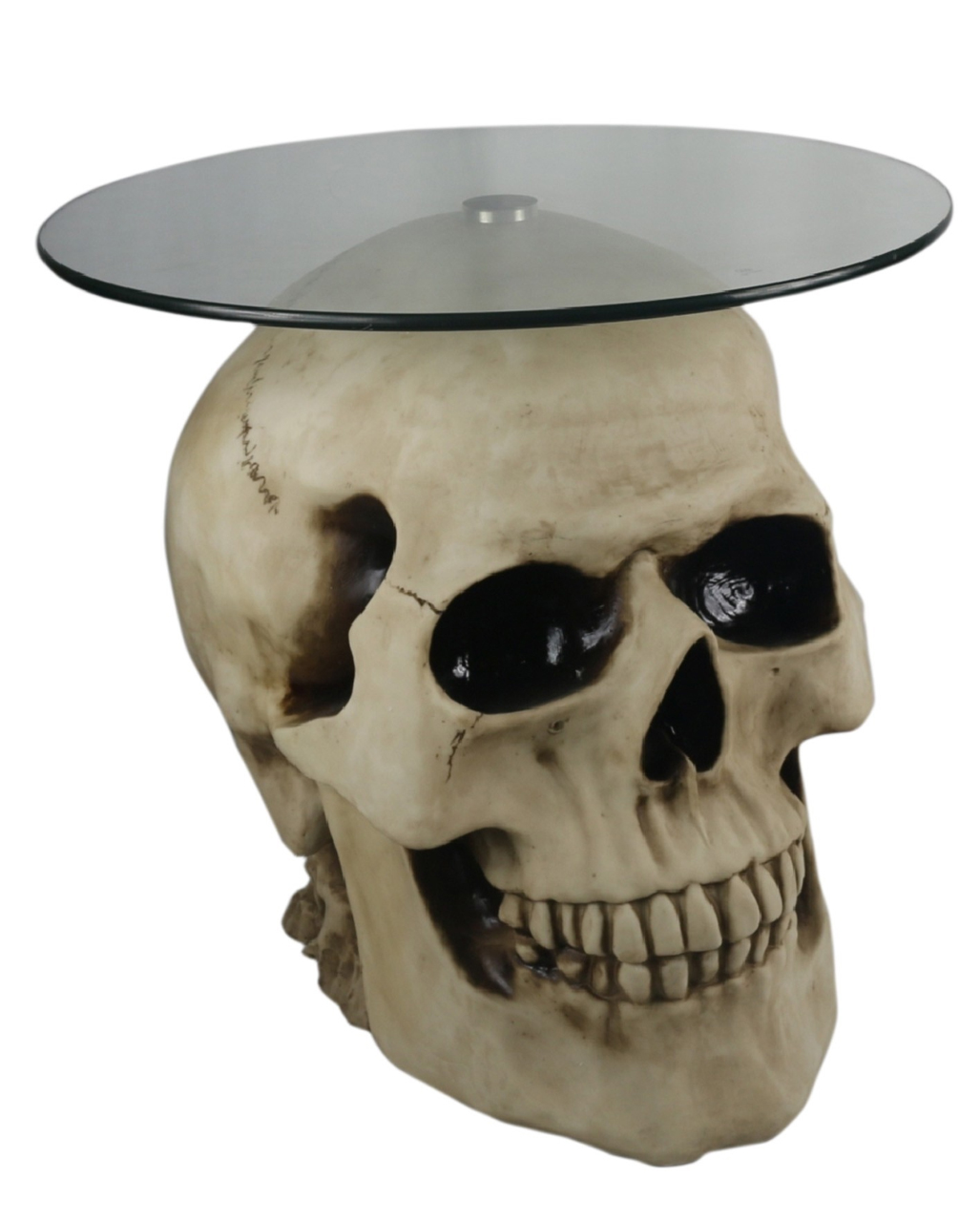Totenkopf Tisch mit Runder Glasplatte 56,5cm ★ von Horror-Shop.com