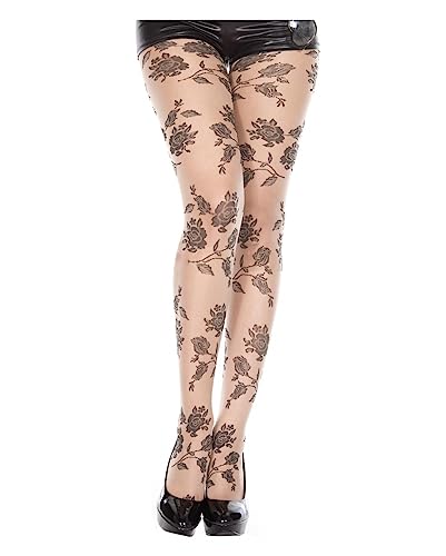 Horror-Shop Beige Strumpfhose mit schwarzen Rosen für Halloween & Gothic von Horror-Shop
