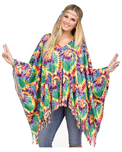 Horror-Shop Bunter Hippie Poncho mit Haarband für Flower Power Motto Party & Karneval von Horror-Shop