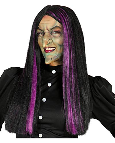 Horror-Shop Schwarze Hexenperücke mit lila Strähnen - Halloween Perücke für Damen, One Size, 100% Kunsthaar von Horror-Shop