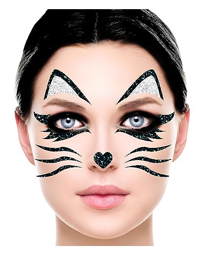 Schwarze Katze Glitter Gesichts-Aufkleber für Halloween & Fasching von Horror-Shop