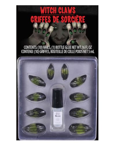 Horror-Shop Spitze Hexen Fingernägel mit Kleber als Halloween Kostümzubehör von Horror-Shop