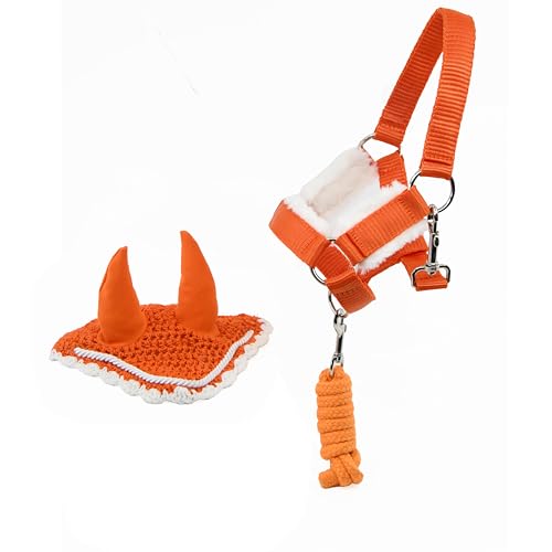 Insektenschutzmütze in Orange und orangefarbenem Halfter mit Führstrick für Hobby Horse und Hobby Horsing Aktivität. von Horse Academy