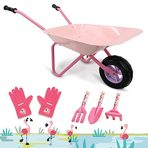 Hortem 5PCS Kinder Schubkarre Set, Metallkonstruktion Radlauf und Gartengeräte, Gartenhandschuh, Geschenke für (Pink) von Hortem