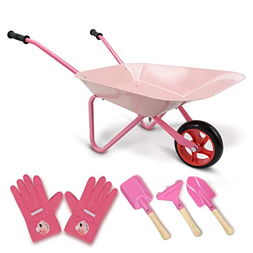 Hortem 5PCS Kinder Schubkarre Set, Metallkonstruktion Radlauf und Gartengeräte, Gartenhandschuh, Geschenke für (Pink) von Hortem