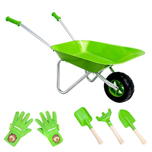 Hortem Kinder Schubkarre Set,5 STÜCKE Metallkonstruktion Kinderradlauf und Kindergartengeräte, Kinder Gartenhandschuh, Geschenke für Kinder (grün) von Hortem