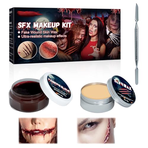 Horuili® Halloween Make Up Set, Scar Wax+Kunstblut für Haut+Doppelschaber, Halloween Spezialeffekte Make-up Kit, Falsche Wunden Schminken für Halloween Zombie Vampir Narben, Wunden Horuili® Halloween Make Up Set, Scar Wax+Kunstblut für Haut+Doppelschaber, Halloween Spezialeffekte Make-up Kit, Falsche Wunden Schminken für Halloween Zombie Vampir Narben, Wunden von Horuili