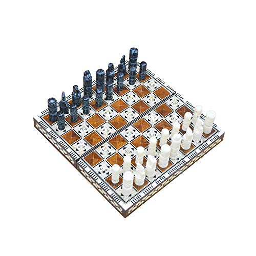 Schach und Backgammon, handgefertigt in Ägypten, zwei Spiele in einem, 35 x 35 x 4 cm (brauner Hintergrund) von Horus Artesanía de Egipto