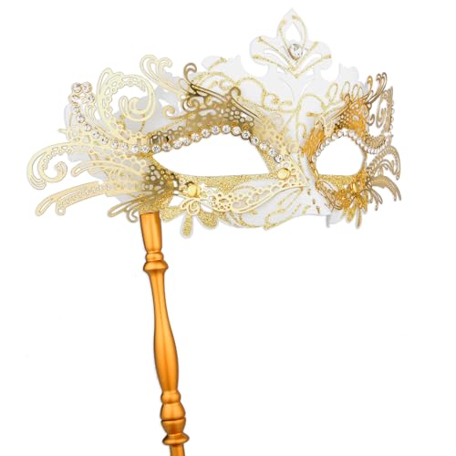 Hoshin Maskenmaske mit Stock, Mardi Gras Deecorations Venezianische Masken für Damen（Weiß mit goldenen Linien） von Hoshin