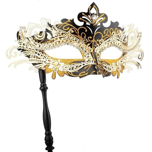 Hoshin Maskenmaske mit Stock, Mardi Gras Deecorations Venezianische Masken für Damen (Schwarz mit Goldener Linie) von Hoshin