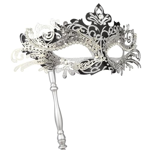 Hoshin Maskenmaske mit Stock, Mardi Gras Deecorations Venezianische Masken für Damen (Schwarz mit Silver Line) von Hoshin