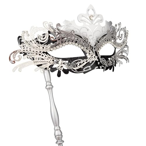 Hoshin Maskenmaske mit Stock, Mardi Gras Deecorations Venezianische Masken für Damen (Silber & Schwarz) von Hoshin