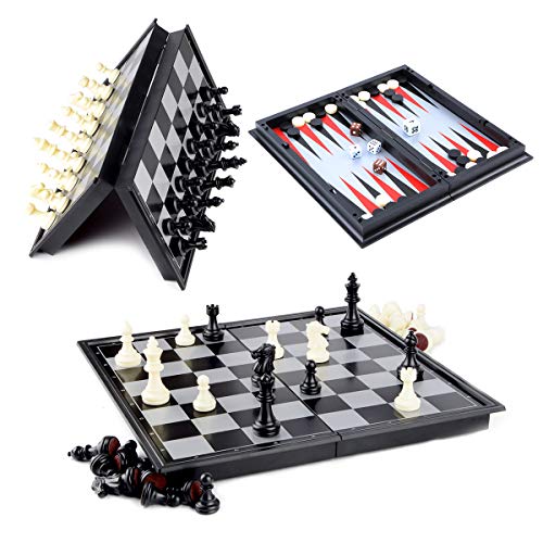 Hoshin Schachspiel Magnetisch, Schach/Dame/Backgammon 3 in 1 Set tragbare Faltbare Reise Magnetische Schachbrett für Kinder (25x25x2cm) von Hoshin