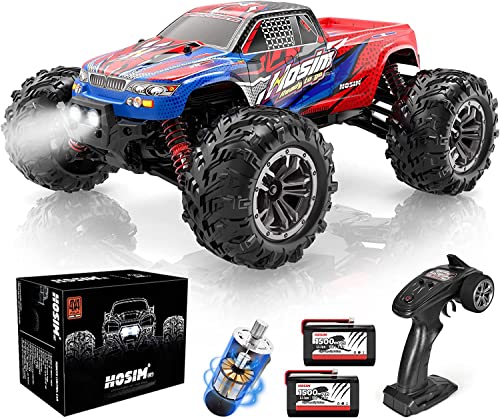 Hosim Ferngesteuertes Auto, RC 4WD Monstertruck mit 36km/h, 1:16 Maßtab Ferngesteuerte Offroad LKW mit Handsteuerung Und Lampen, Geschenk für Kinder Und Erwachsene (9135H, Rot) von Hosim