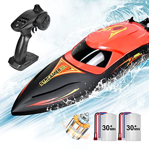 Hosim Brushless ferngesteuertes Boot 35+ KM/H, High Speed RC Schiff mit LED Beleuchtung, Rennboot mit 2 wiederaufladbaren Batterien Spielzeug Geschenk für Kinder und Erwachsene (Rot) von Hosim