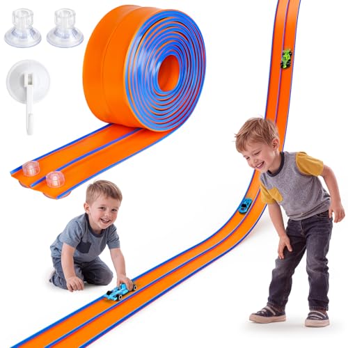 Hot Bee 4.5m Autobahn Kinder 3 4 5 6 7 Jahre, Rennbahn Rennstrecke Auto Spielzeug, Flexible Race Car Track, Dual Rennstrecke Rampen Für 1/64th Autos, Geschenke Für Jungen Und Mädchen, Blau-Orange von Hot Bee