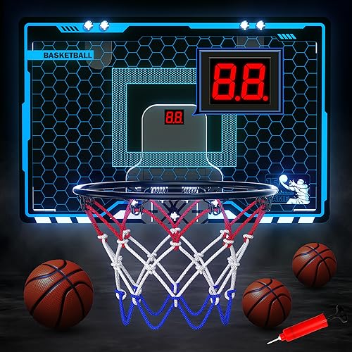 Hot Bee Basketballkorb Indoor Kinder, Basketball Geschenk Junge 8-12 Jahre, Mini Basketballkorb Kinder für Zimmer Tür, mit Elektronischer Anzeigetafel, Licht, 3 Bällen von Hot Bee