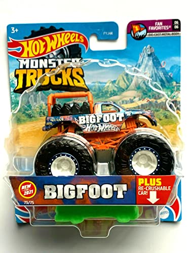 DieCast Hot Wheels Monstertrucks Bigfoot Ridetruck mit wiederzerquetschbarem Auto 73/75 (Maßstab 1:64) von Hot Wheels