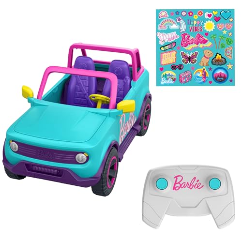 HOT Wheels Barbie Ferngesteuerter SUV mit Aufklebern, kann 2 Barbie-Puppen Plus Zubehör aufnehmen, individuelle Gestaltung durch aufklebbare Sticker, HTP53 von Hot Wheels