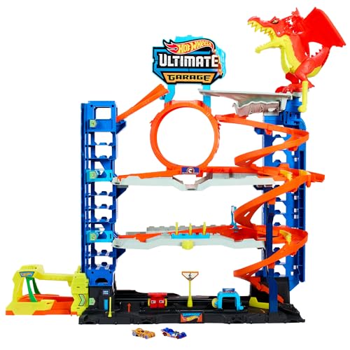 Hot Wheels Ultimative Garage - Mehrere Ebenen Parkgarage, 3ft hoch, mit 2 Die-Cast-Autos, für Kinder ab 5 Jahren, Rennspaß, Stunt-Abenteuer, Drachenkampf, Autowaschanlage, Fahrstuhl, HKX48 von Hot Wheels