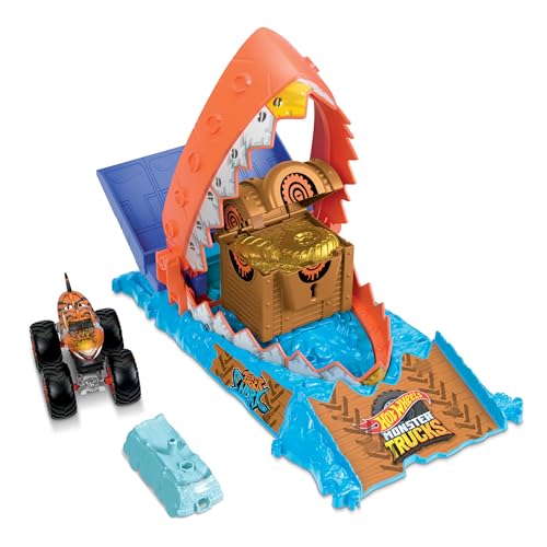 Hot Wheels Monster Trucks Arena Smashers Schatz-Beiss-Challenge Spielset - Ungezähmter Tigerhai-Raubtier, sensorisches Feedback, inklusive Die-Cast-Monstertruck-Tigerhai und zerdrücktem Auto, HTP17 Hot Wheels Monster Trucks Arena Smashers Schatz-Beiss-Challenge Spielset - Ungezähmter Tigerhai-Raubtier, sensorisches Feedback, inklusive Die-Cast-Monstertruck-Tigerhai und zerdrücktem Auto, HTP17 von Hot Wheels