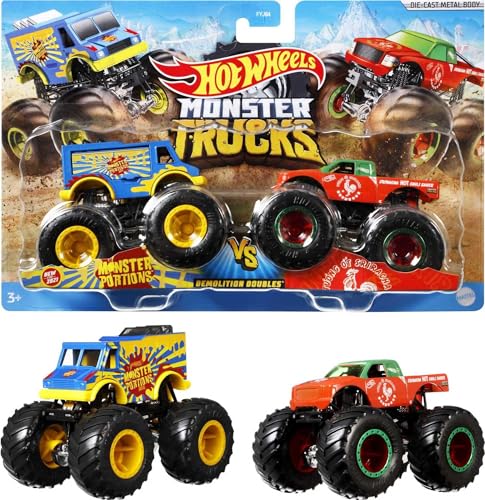 HOT WHEELS Monster Trucks Demolition Doubles - 2er-Pack mit verschiedenen Modellen - Inklusive Statistiken zu Stärke, Crash-Attacken und Motor - Riesige Räder und abgefahrene Details, FYJ64 von Hot Wheels