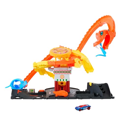 Hot Wheels City Spielzeugauto-Trackset, Pizza-Kobra-Angriff, Schlangenschwanz-Spiralbahn mit Randomizer, 1 Fahrzeug im Maßstab 1:64, HTN81 von Hot Wheels