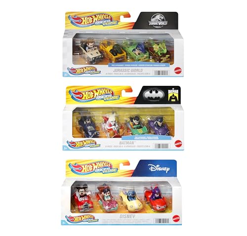 Hot Wheels RacerVerse - 4-teiliges Die-Cast-Set mit legendären Figuren aus Film, Comic und Fernsehen als Fahrer, für Kinder ab 3 Jahren, HKD30 von Hot Wheels