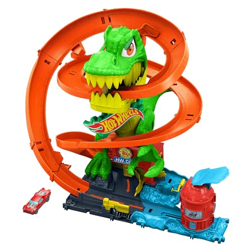 Hot Wheels Spielzeugauto Streckenset, City T-Rex-Feuerschlacht Spielset und 1 Die-Cast-Feuerwehrauto im Maßstab 1:64, über 45 cm groß, mehrere Rennausgänge, bewegliche Dinosaurieraugen, JBM73 Hot Wheels Spielzeugauto Streckenset, City T-Rex-Feuerschlacht Spielset und 1 Die-Cast-Feuerwehrauto im Maßstab 1:64, über 45 cm groß, mehrere Rennausgänge, bewegliche Dinosaurieraugen, JBM73 von Hot Wheels