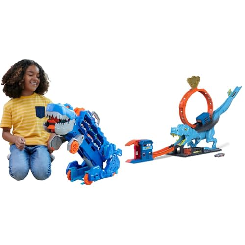 Hot Wheels 2:1 Transporter zu T-Rex mit inkl. Autorennbahn, mit Beleuchtung und Geräuschen & Autorennbahn T-Rex Angriff, Geschicklichkeitsspiel durch genaues Timing und Zielen Hot Wheels 2:1 Transporter zu T-Rex mit inkl. Autorennbahn, mit Beleuchtung und Geräuschen & Autorennbahn T-Rex Angriff, Geschicklichkeitsspiel durch genaues Timing und Zielen von Hot Wheels