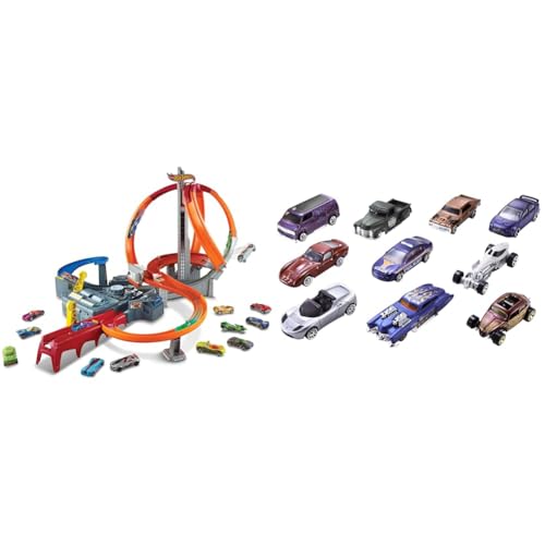Hot Wheels 54886 1:64 Die-Cast Auto Geschenkset, je 10 Spielzeugautos, Spielzeug Autos+CDL45 Action Mega Crash Superbahn, Trackset mit Loopings und Kurven inkl. 2 Starter und 1 Spielzeugauto von Hot Wheels