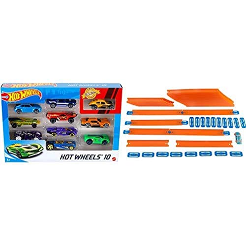 Hot Wheels 54886 1:64 Die-Cast Auto Geschenkset, je 10 Spielzeugautos, zufällige Auswahl, Spielzeug Autos ab 3 Jahren, 10er Pack+FTL69 - Auto und Mega Track Pack, Spielzeug ab 4 Jahren+ von Hot Wheels