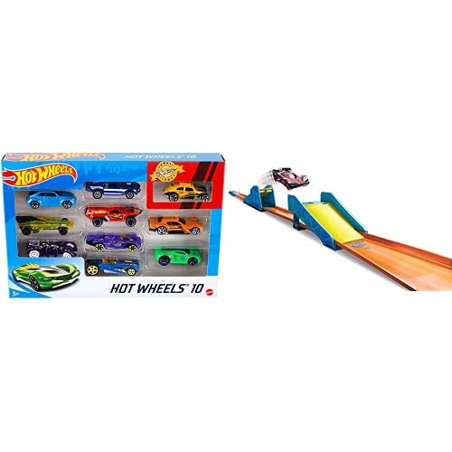Hot Wheels 54886 1:64 Die-Cast Auto Geschenkset, je 10 Spielzeugautos, zufällige Auswahl, Spielzeug Autos ab 3 Jahren, 10er Pack+GLC89 - Track Builder Unlimited Weitsprung Set Zubehörteile von Hot Wheels